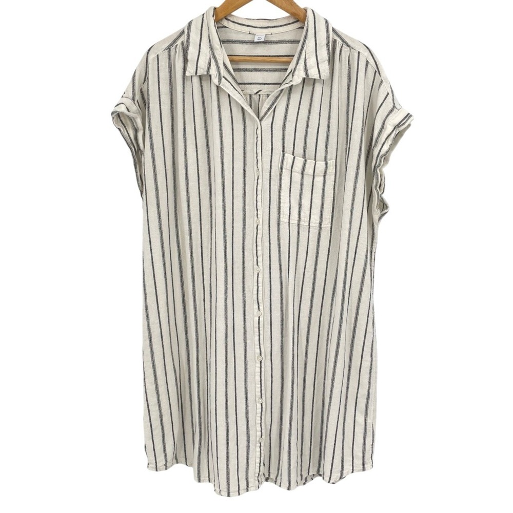 Womens XXL Linen Shirt Dress Neutral Minimalist Stripe Button Front Collared 2XL - Picture 3 of 7
